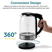 1500W Wide Opening 2L Glass LED Indicator Auto Shut-Off & Boil-Dry Protection Black Stainless Steel Electric Kettle