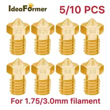 5/10pcs 3D Printer V6 M6 Threaded Brass Nozzle 0.2/0.25 0.3/0.4/0.5/0.6/1.0mm for 1.75/3.0mm Filament E3D V5 V6 Hotend Extruder