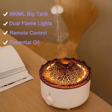 560ML Big Capacity Dual Flame Immitation Volcano Essential Oil Air Humidifier Remote Control Home Electric Aromatherapy Diffuser