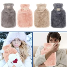 800/1800ml Plush Faux Fur Hand Warmer Winter Hot Water Bottles Pure Natural Rubber Cosy Grey Cover Back Neck Waist Hand Bed Warm