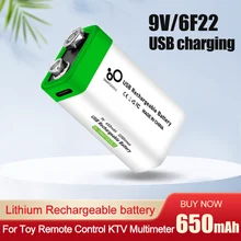 9V 650mAh 6F22 USB Charging Lithium Li-ion Rechargeable Battery For Multimeter Microphone Toy Remote Control KTV Meter Alarm