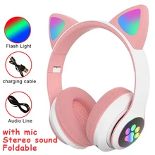Flash Light Cat Ears Headphones Wireless With MIC Control LED Kid Girl Stereo Cute Music Helmet Bluetooth Phone Headset Earphone