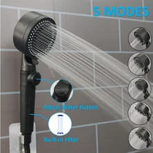 High Pressure Shower Head with Stop Water 5 Modes Water Saving Showerhead PP Cotton Filter Eco Shower Black Bathroom Accessories