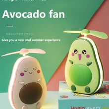 Mini Usb Charging Multifunctional Led Makeup Mirror and Fan 2 in 1 Integrated Cute Avocado Shaped Practical Portable Handheld