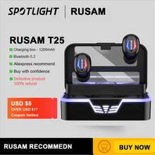 RUSAM Original T25 TWS Earphone Wireless Bluetooth 5.2 Headphones Waterproof Sport Headsets Noise Reduction Earbuds with Mic
