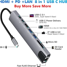 USB C Hub 8 In 1 Type C 3.1 To 4K HDMI Adapter with RJ45 SD/TF Card Reader PD Fast Charge for MacBook Notebook Laptop Computer